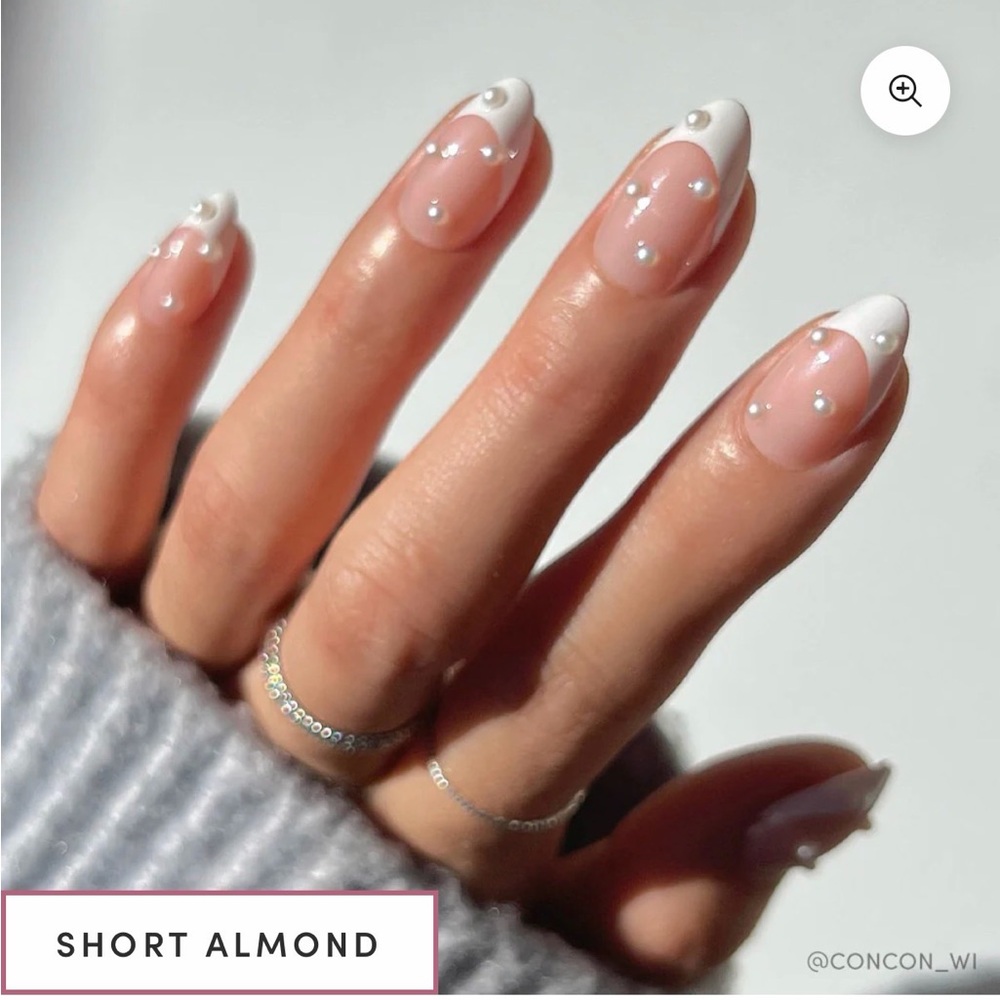 French Pink and White Glue On Nails with Pearl Accents